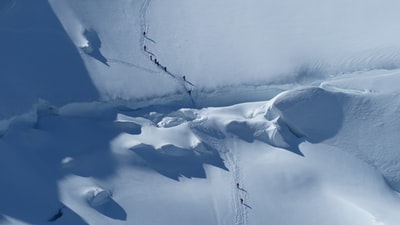 一群人在雪地上徒步旅行的航空摄影